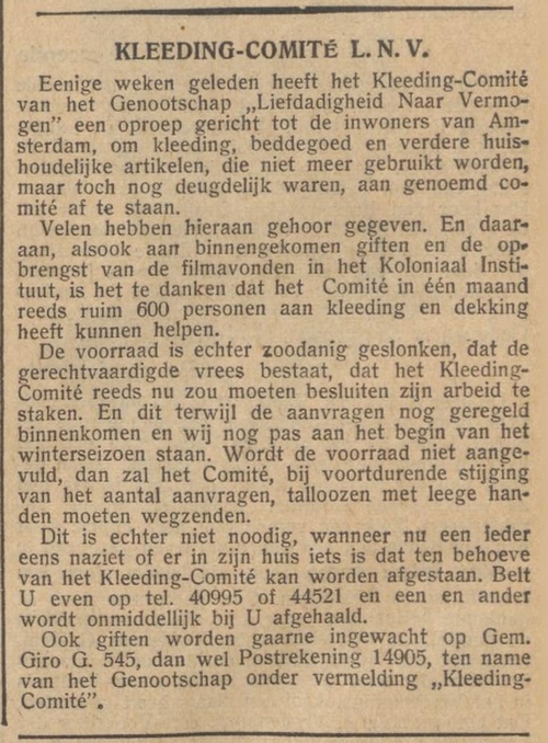 Artikel over het Kleeding-Comité van Liefdadigheid naar Vermogen, bron: het Nieuw Israëlitisch weekblad van 29-11-1935  