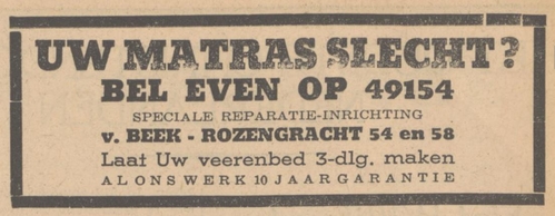 Advertentie voor Van Beek op de Rozengracht, bron: De Tijd van 12-11-1939  