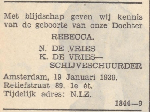 Geboorte van Rebecca de Vries, bron: Zaans volksblad: sociaal-democratisch dagblad van 20-01-1939  