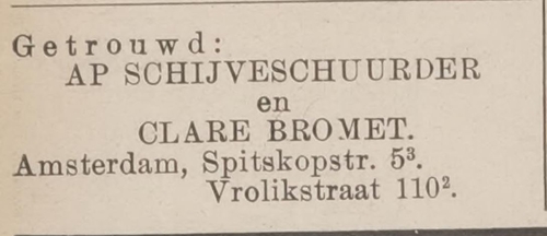 Huwelijkaankondiging van Clare Bromet en Abraham Schijveschuurder, bron: het Centraal blad voor Israëlieten in Nederland van 09-11-1939  