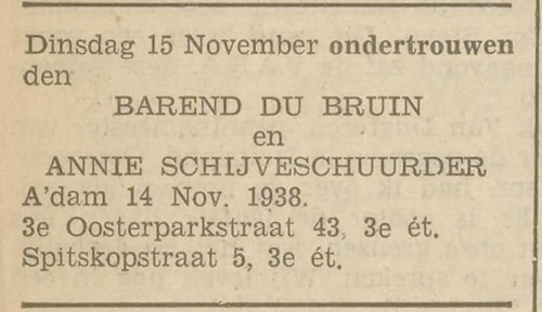 Ondertrouw van Annie (Naatje) Schijveschuurder en Barend de Bruin, bron:  Het Volk van 14-11-1938   