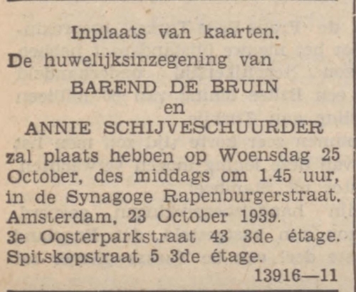 Familiebericht over de huwelijksinzegening van Annie (Naatje) Schijveschuurder en Barend du Bruin, bron: Zaans volksblad: sociaal-democratisch dagblad van 24-10-1939  