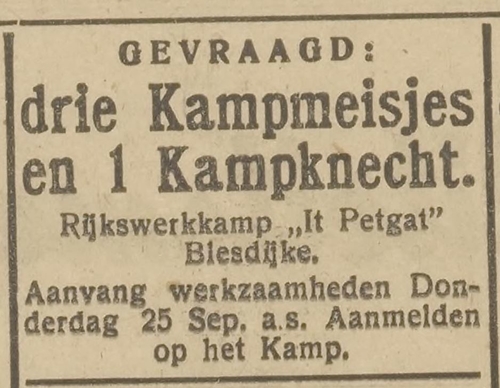 Een bijzonder advertentie, gezocht: 3 Kampmeisjes en 1 Kampknecht voor It Petgat, bron: de Opregte Steenwijker courant van 16-09-1941  