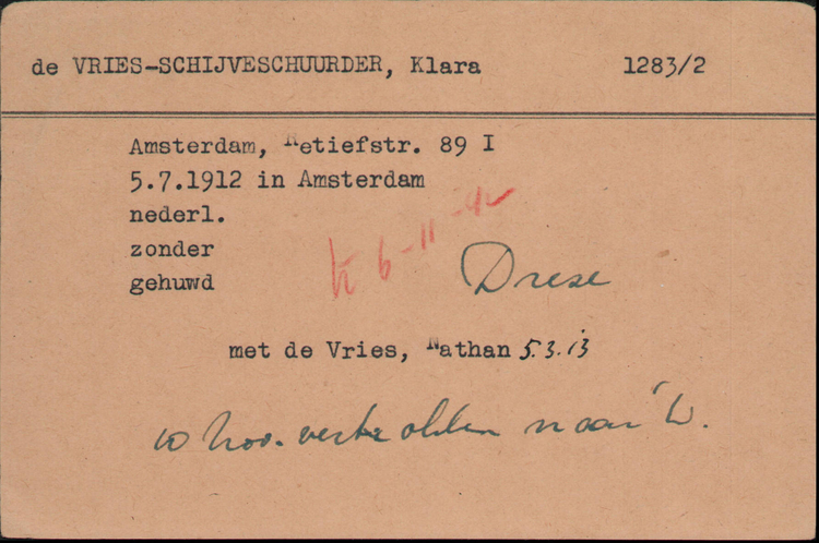 Joodse Raadkaart van Klara de Vries-Schijveschuurder , bron: Arolsen Archives   