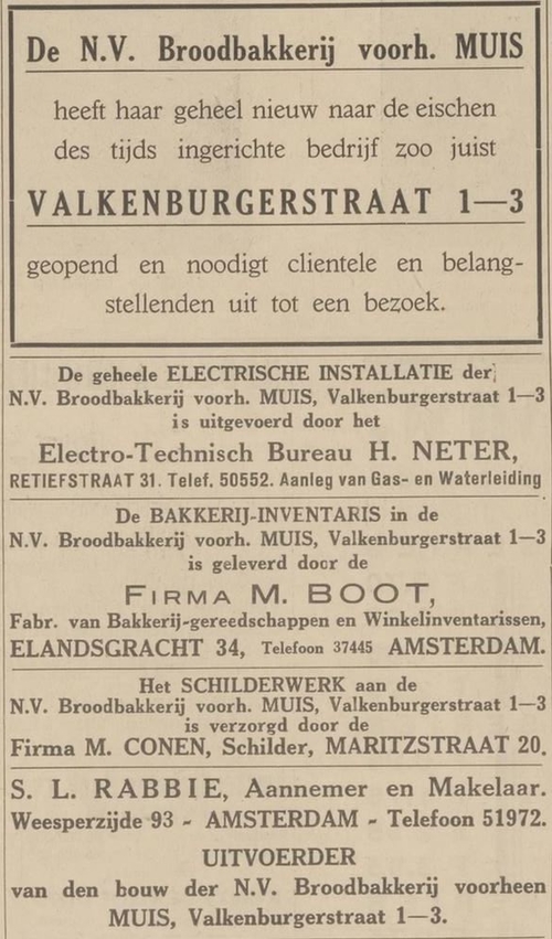 Bakkerij Muis uit de Valkenburgerstraat is blijkbaar overgenomen en verbouwd. Bron: het Centraal blad voor Israëlieten in Nederland van 08-01-1931  