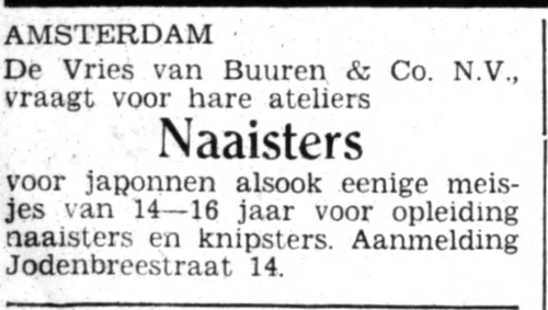 Advertentie voor De Vries & van Buuren, bron: Het Volk: dagblad voor de arbeiderspartĳ van 02-01-1934  