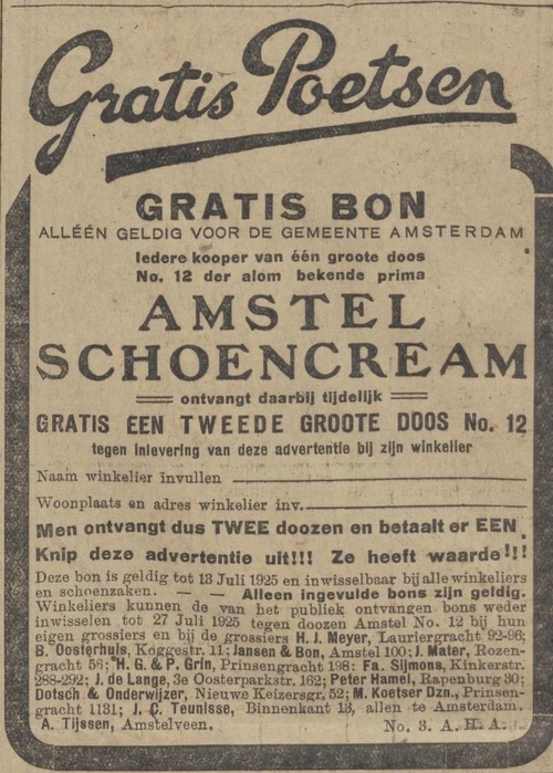 Advertentie over schoenenpoets, Dotsch & Onderwijzer zijn grossiers. Bron: het Algemeen Handelsblad van 03-07-1925  