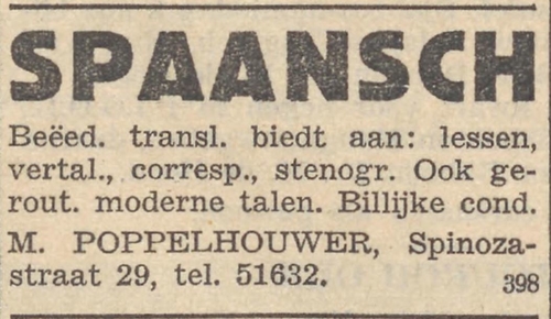 Advertentie voor M. Poppelhouwer, naast Engels blijkbaar ook Spaans, bron: het NIW van 31-05-1940  