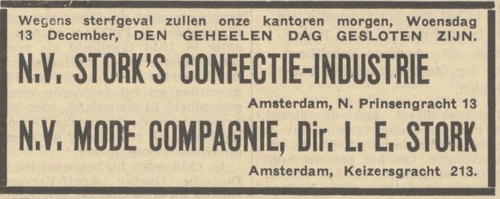 Advertentie voor de firma Stork, bron: Het Algemeen Handelsblad van 12-12-1939  