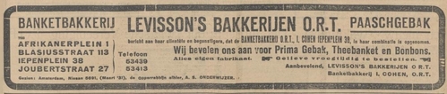 Advertentie i.v.m. het Joodse Pasen van Levisson’s bakkerijen, bron: het Nieuw Israelietisch weekblad van 27-03-1931  