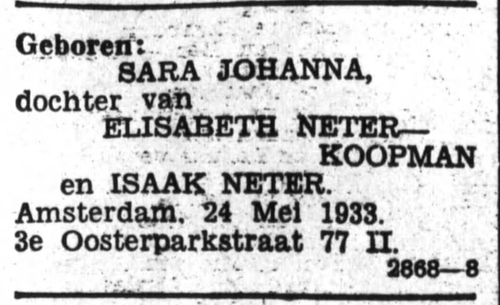 Geboorte van dochter Sara Johanna Neter, bron: Het Volk: dagblad voor de arbeiderspartĳ van 26-05-1933  