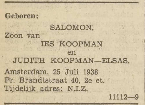 Geboorte van Salomon Koopman, bron: Het Volk van 25-07-1938  