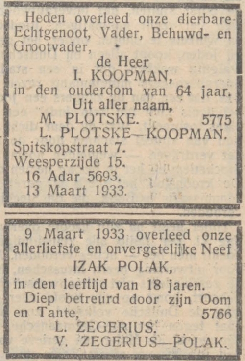 Overlijden van Isaac Koopman, bron: het NIW van 17 maart 1933  