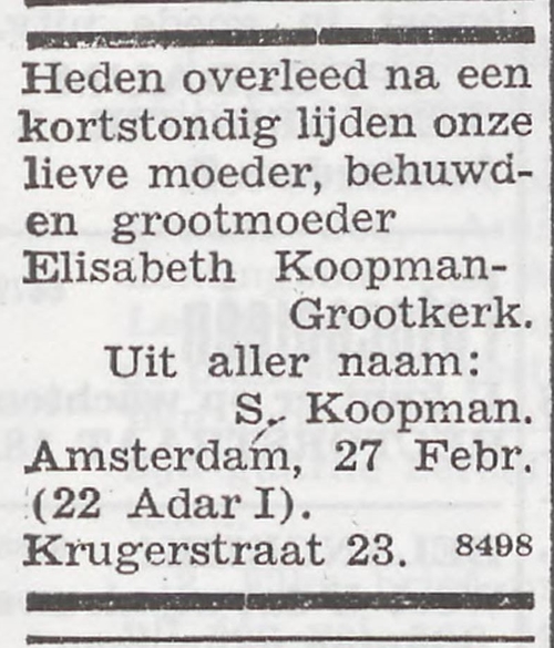 Overlijdensbericht van Elisabeth Koopman – Grootkerk, bron: Het joodsche weekblad : uitgave van den Joodschen Raad voor Amsterdam van 05-03-1943  