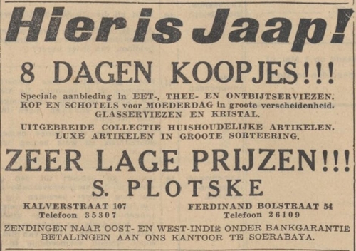 Advertentie voor de winkel van Salomon Plotske, de broer van Manus. Bron: het Algemeen Handelsblad van 06-05-1938  