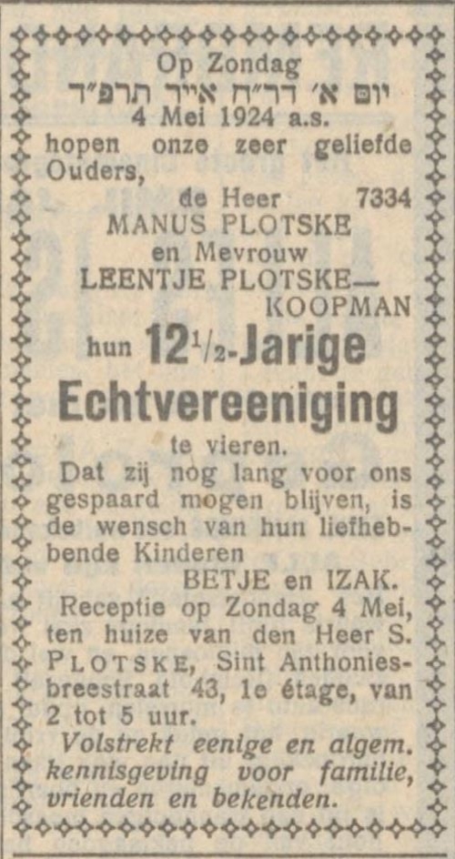 12 ½ jarig huwelijksfeest van Manus Plotske en Leentje Koopman, bron: Het Nieuw Israelietisch weekblad van 02-05-1924  