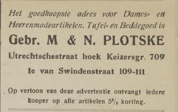 Adv. voor de gebroeders Plotske, bron: De Joodsche blinde, 1933  