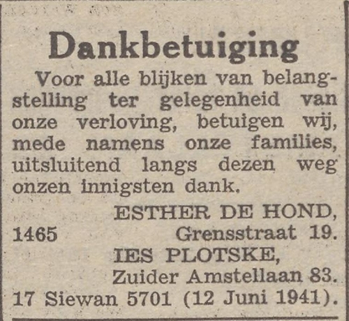 Familiebericht over de verloving van Izak (Ies) Plotske en Esther de Hond. Bron: Het Joodsche Weekblad van 13 juni 1941.  