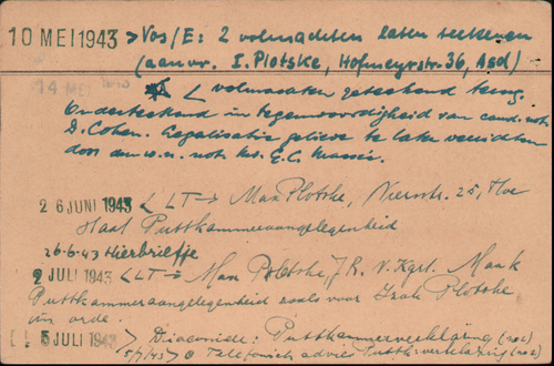 Joods Raadkaart (3) van Manus Plotske met uitgebreide tekst over de Puttkammer Verklaring. Bron: Arolsen Archives.  