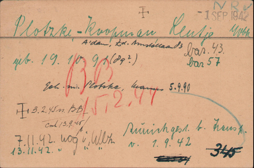Joodse Raadkaart van Leentje Plotske - Koopman, bron: Arolsen Archives.  