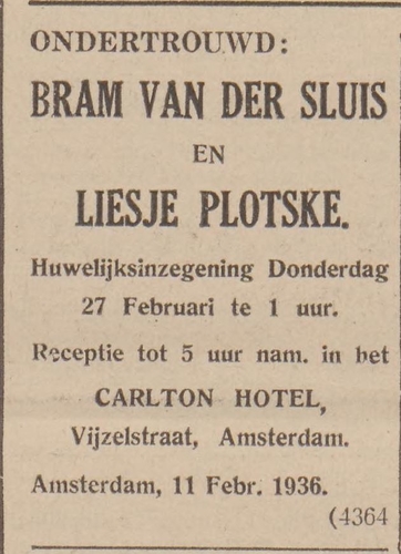 Aankondiging van de ondertrouw en het huwelijk van ‘Liesje’ Plotske en Bram van der Sluis, bron: De vee- en vleeschhandel; weekblad voor veehandelaren, slagers, exporteurs enz., jrg 20, no 83, 14-02-1936  