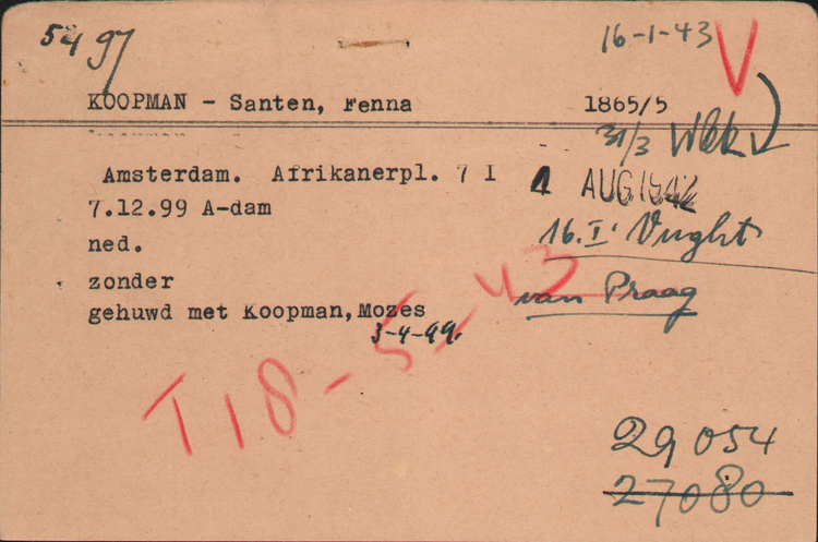 Joodse Raadkaart van Fenna Koopman – Santen, bron: Arolsen Archives  