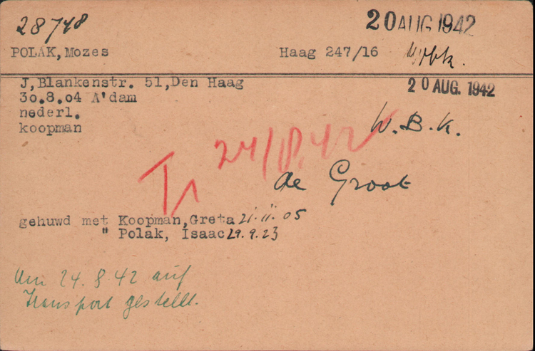 Joodse Raadkaart van Mozes Polak, bron: Arolsen Archives.   