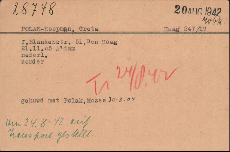 Joodse Raadkaart van Greta Polak - Koopman, bron: Arolsen Archives  