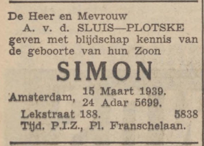Geboorte van Simon van der Sluis, bron: het NIW van 17 maart 1939  