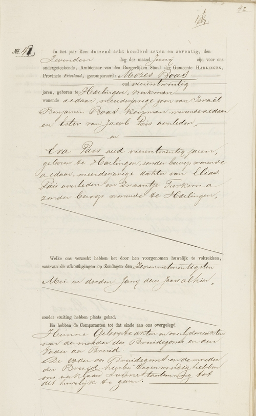 Huwelijksakte van Mozes Boas en Eva Pais, bron: het huwelijksregister 1877, archiefnummer 30-15, Burgerlijke Stand Harlingen – Tresoar – Alle Friezen.  