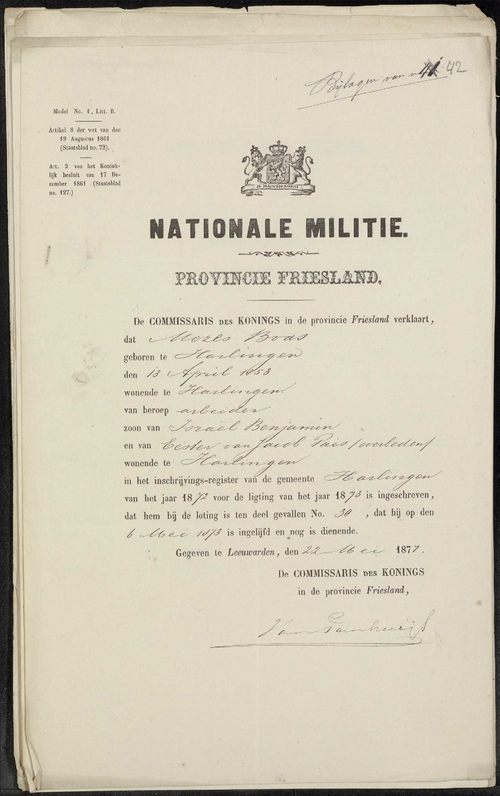 Document van de nationale Militie mbt Mozes Boas, bron: Tresoar – Alle Friezen.   