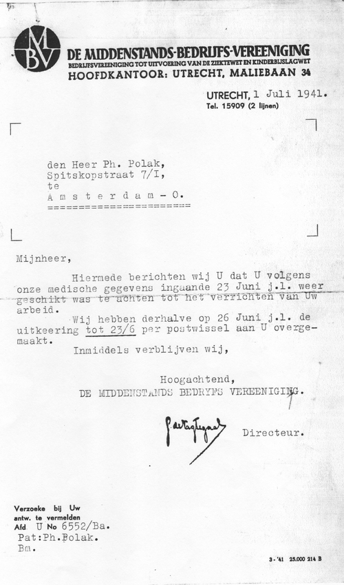 Brief van De Middenstands-Bedrijfs-Vereeniging, bron: Dossier van het Bureau voor Maatschappelijke Steun.  