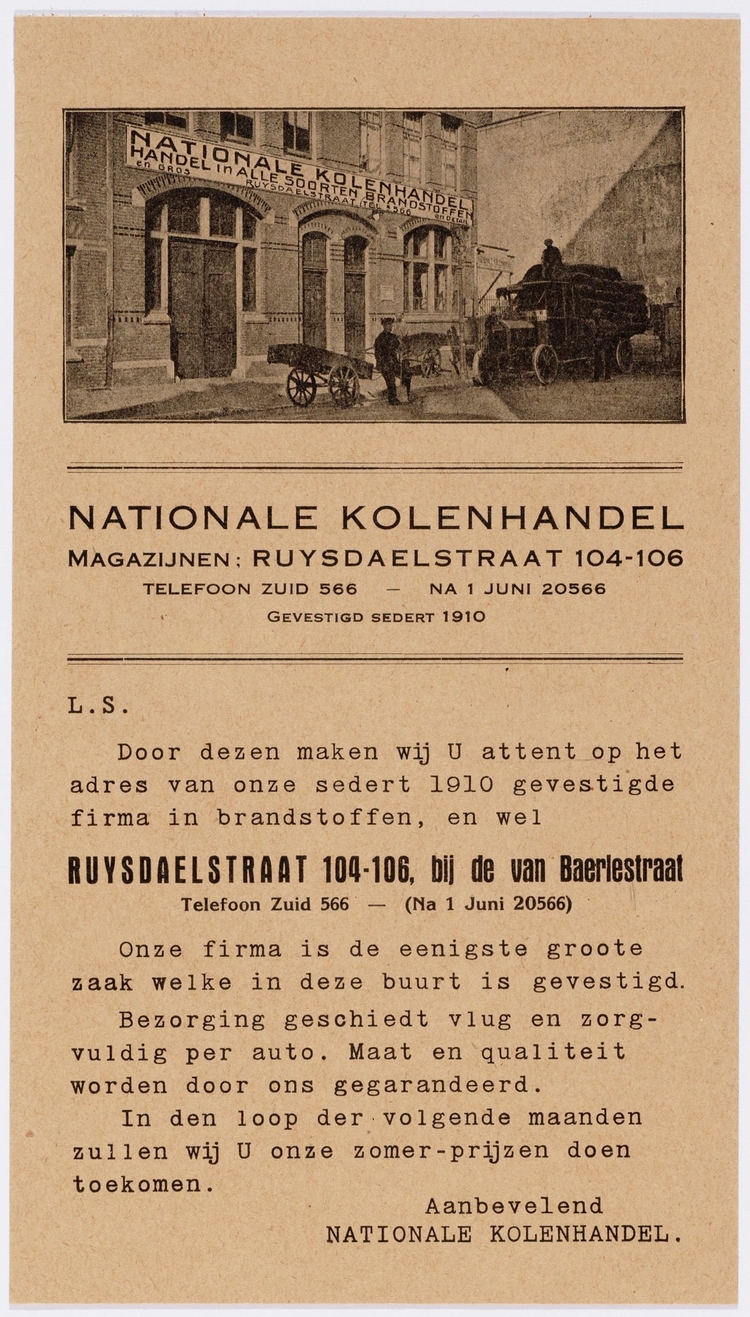 Ruysdaelstraat 104-106, Nationale Kolenhandel, reclamekaart. Prent uit de Collectie SAA: los beeldmateriaal – Datering 1910 ca. t/m 1930 ca.  