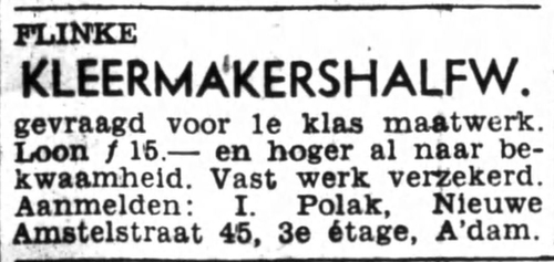 Advertentie voor het bedrijf van I. Polak in de Nieuwe Amstelstraat, bron: Het Volk: dagblad voor de arbeiderspartĳ van 25-04-1940  