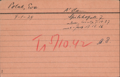 Kaart Joodse Raad van Eva Polak (dochter), bron: Arolsen Archives  