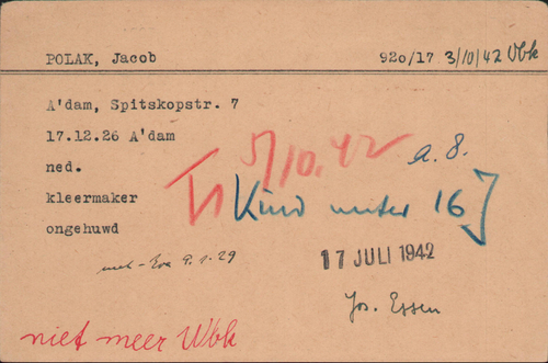 Kaart Joodse Raad van Jacob Polak (zoon), bron: Arolsen Archives  