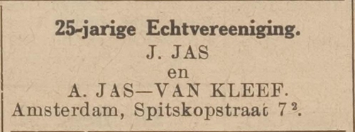 25 – jarige echtvereniging van Anna van Kleef en Joël Jas. Bron: Centraal blad voor Israëlieten in Nederland van 02-07-1936  