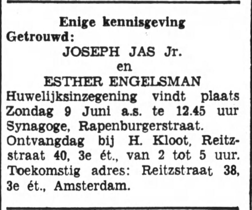 Huwelijksinzegening van Joseph Jas en Esther Engelsman, bron: Het Volk: dagblad voor de arbeiderspartĳ van 05-06-1940  