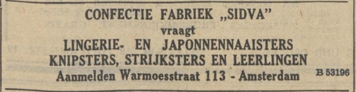 Eén van de vele advertenties voor de confectie- of lingeriefabriek SIDVA, bron: De Tĳd: godsdienstig - staatkundig dagblad van 27-02-1934  