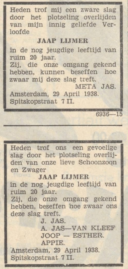 Bericht van overlijden van Jaap Lijmer, de eerste verloofde van Mietje (Meta) Jas. Bron: Zaans Volksblad : sociaal-democratisch dagblad van 02-05-1938  