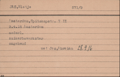Kaart Joodse Raad van Mietje Jas, bron: Arolsen Archives.  