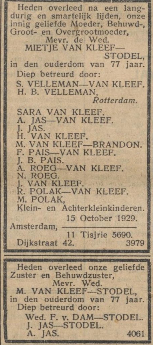Het overlijden van Mietje van Kleef Stodel, bron het NIW van 18-10-1929.   