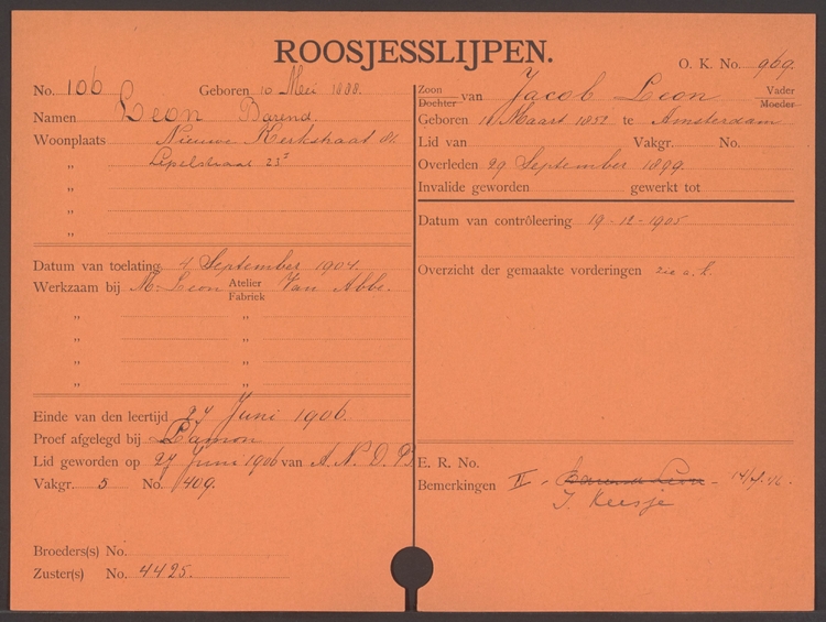 Lidmaatschapskaart (Roosjesslijpen) van Barend Leon, bron: IISG   