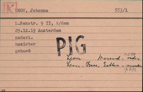 Kaart Joodse Raad (2) van Johanna de Jong – Leon met opdruk: PIG, bron: Arolsen Archives  