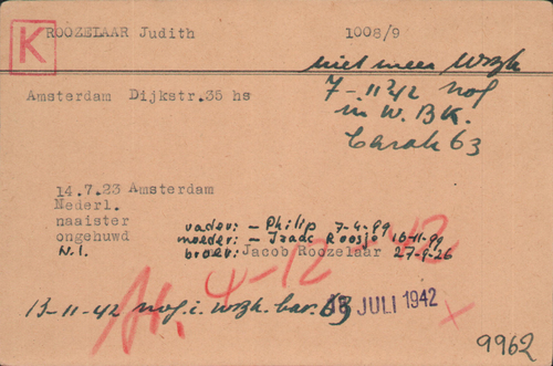 Kaart Joodse Raad Judith Roozelaar, bron Arolsen Archives  