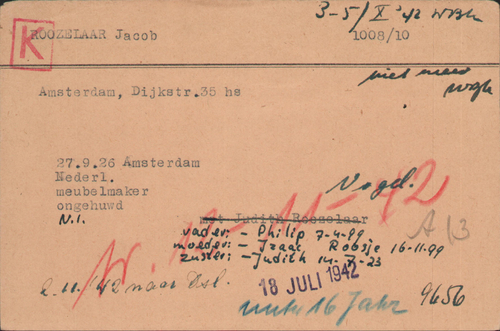 Kaart Joodse Raad Jacob Roozelaar, bron Arolsen Archives  