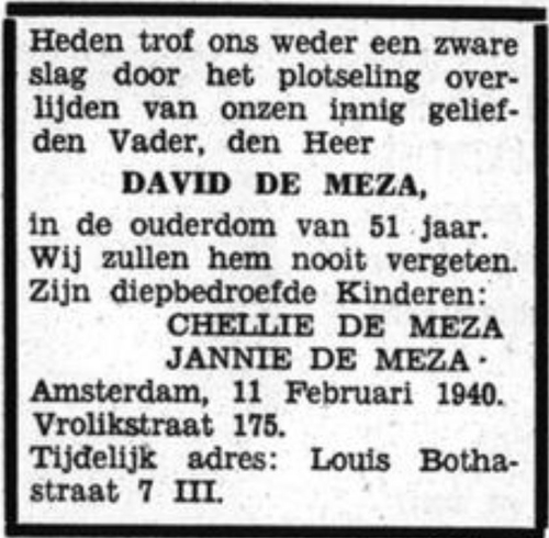 Familiebericht n.a.v. het overlijden van David de Meza in 1940, bron:  Het Volk: dagblad voor de arbeiderspartĳ van 12-02-1940  