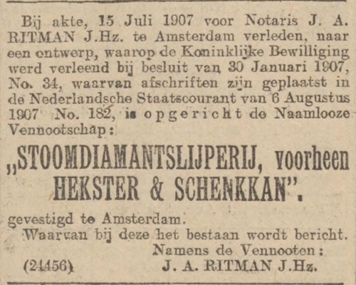 Advertentie over de oprichting van de NV Hekster & Schenkkan, bron:    Algemeen Handelsblad van 09-08-1907  