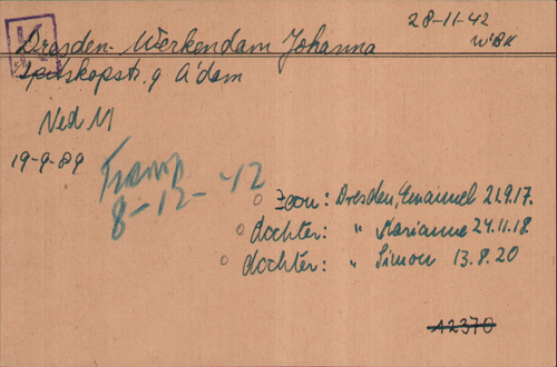 Kaart Joodse Raad van Johanna Dresden Werkendam, bron: Arolsen Archives  