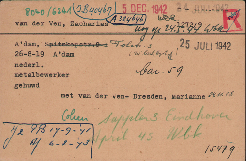 Kaart Joodse Raad van Zacharias van der Ven, bron: Arolsen Archives.  